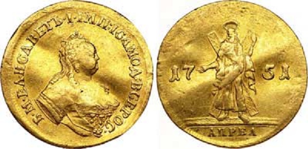 Двойной червонец 1751. Св. Андрей Первозванный на реверсе