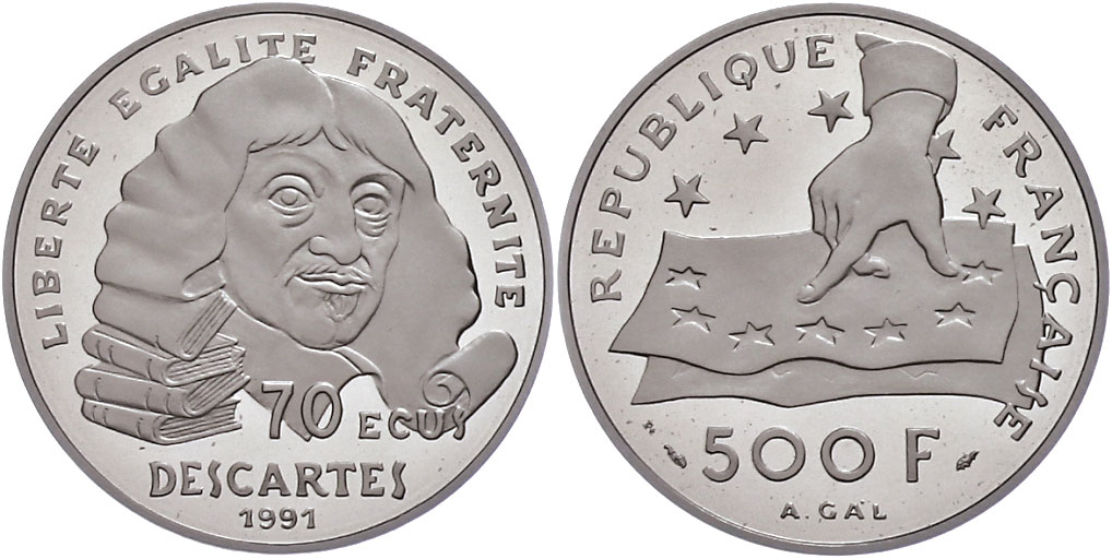 Платиновая монета Франции - "Рене Декарт", 1991 г.в.